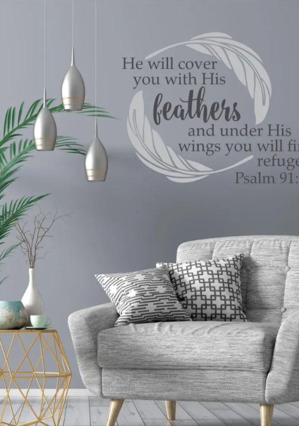 Psalm 91:4 He Will Cover You With His Feathers | Christian Wall Word Art